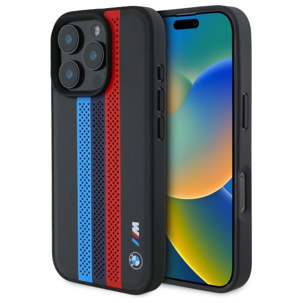 BMW case for iPhone 16 Pro 6,3" BMHMP16L23PUPTK Hardcase M Perf, Tricolor Printed Stripes MagSafe black