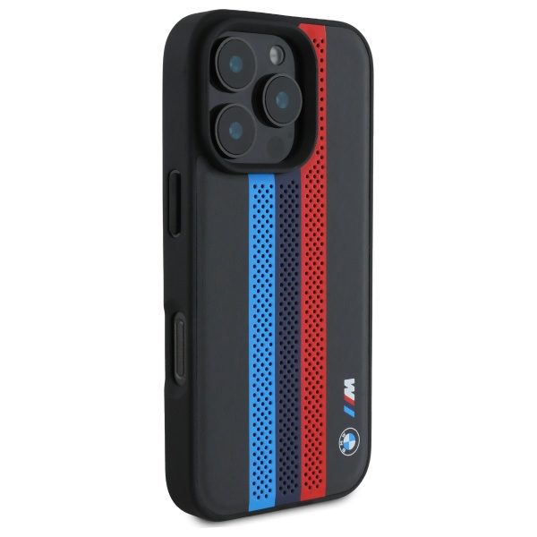BMW case for iPhone 16 Pro 6,3" BMHMP16L23PUPTK Hardcase M Perf, Tricolor Printed Stripes MagSafe black