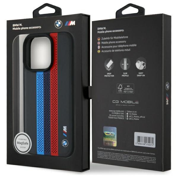 BMW case for iPhone 16 Pro 6,3" BMHMP16L23PUPTK Hardcase M Perf, Tricolor Printed Stripes MagSafe black