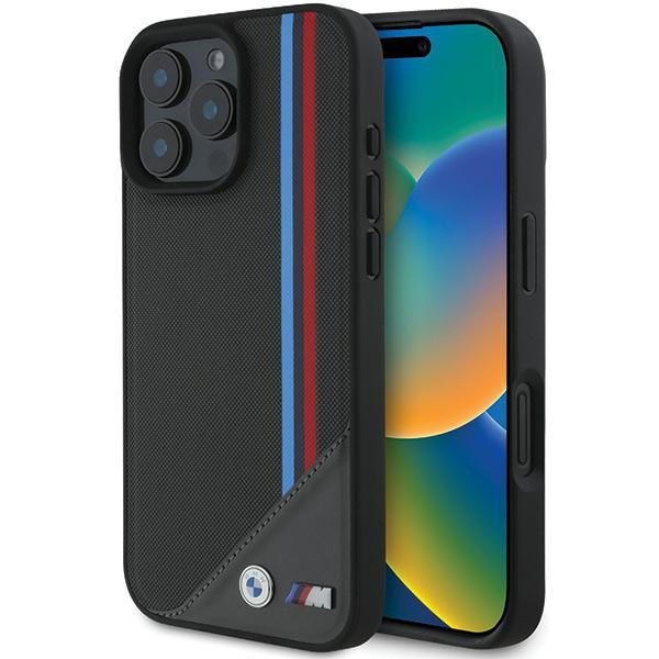 BMW case for iPhone 16 6,1" BMHMP16S23PUTRK Hardcase M Meshed Tricolor Stripes MagSafe black