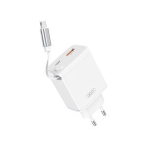 XO wall charger CE31 1x USB 1x USB-C 30W white with retractable USB-C cable