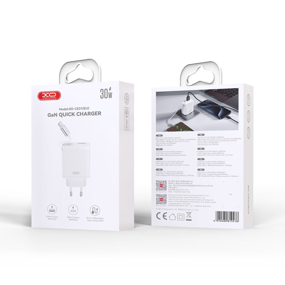 XO wall charger CE31 1x USB 1x USB-C 30W white with retractable USB-C cable
