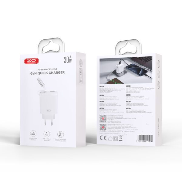 XO wall charger CE31 1x USB 1x USB-C 30W white with retractable USB-C cable