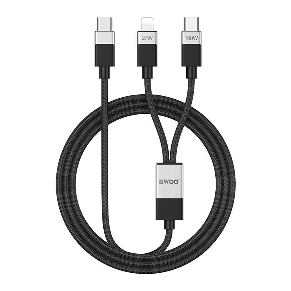 BWOO Braided 2-in-1 Cable USB-C - USB-C and Lightning 1m 100W/27W black