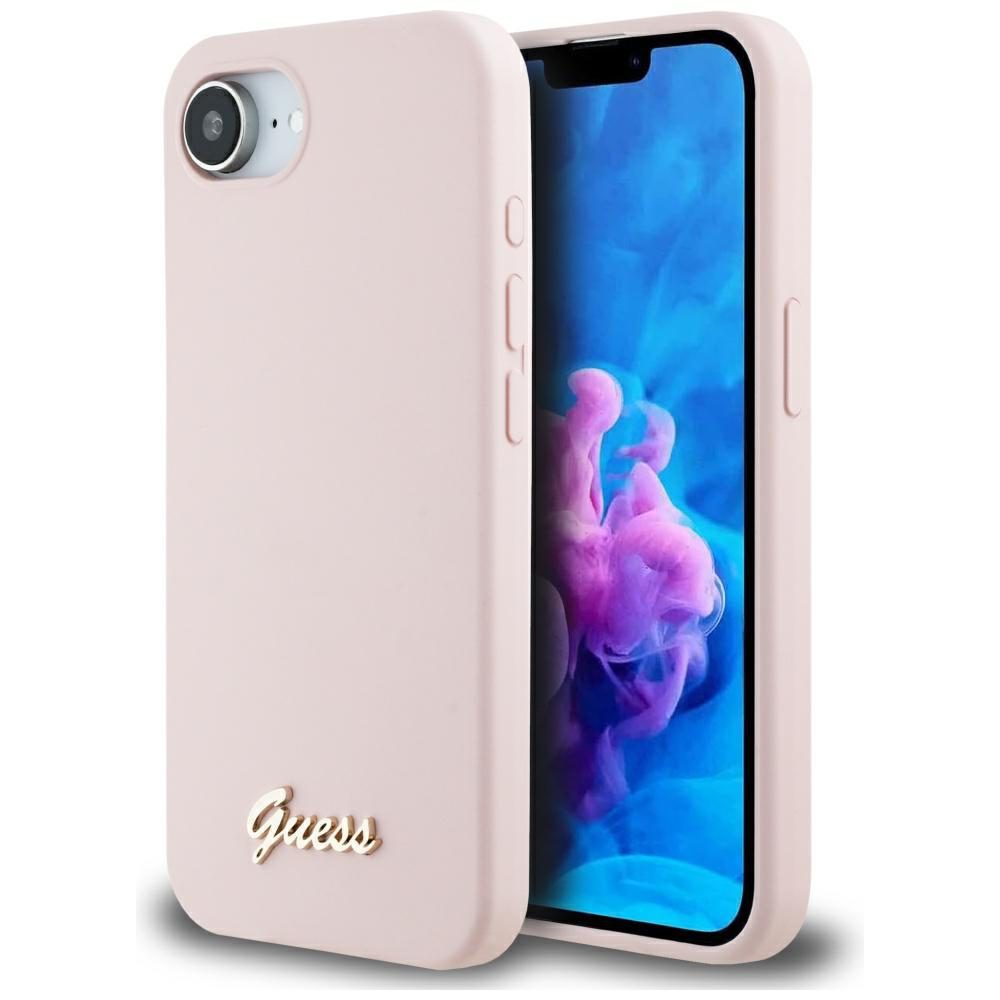 Guess HC Silicone Script Metal Logo Case for iPhone 16e Pink