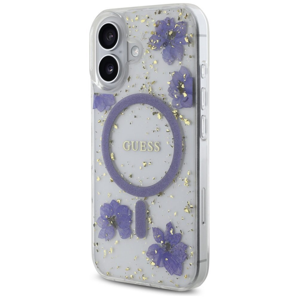 Guess HC MagSafe Resin Flowers and Glitter case for iPhone 16 Purple
