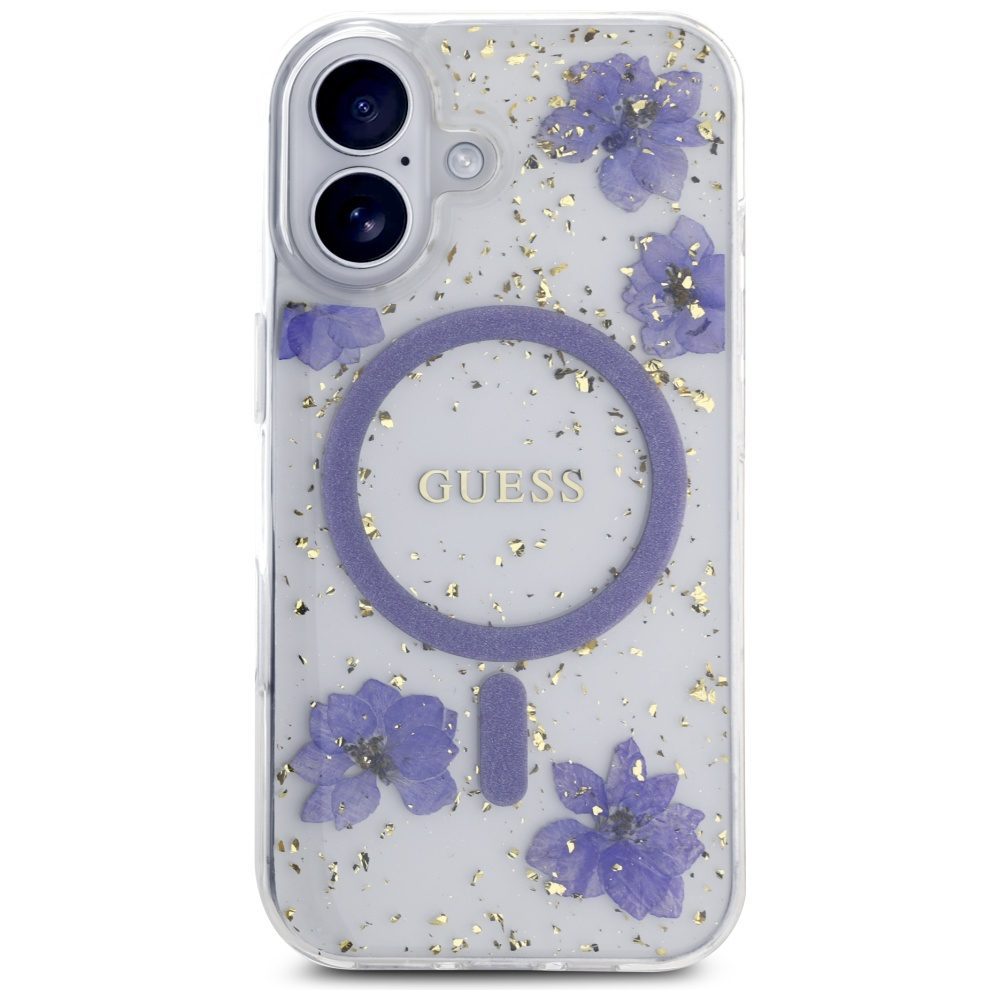 Guess HC MagSafe Resin Flowers and Glitter case for iPhone 16 Purple