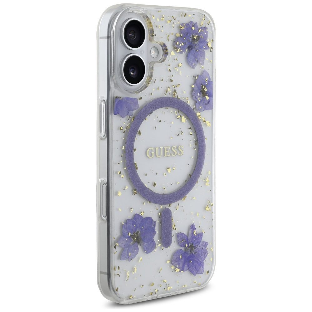 Guess HC MagSafe Resin Flowers and Glitter case for iPhone 16 Purple