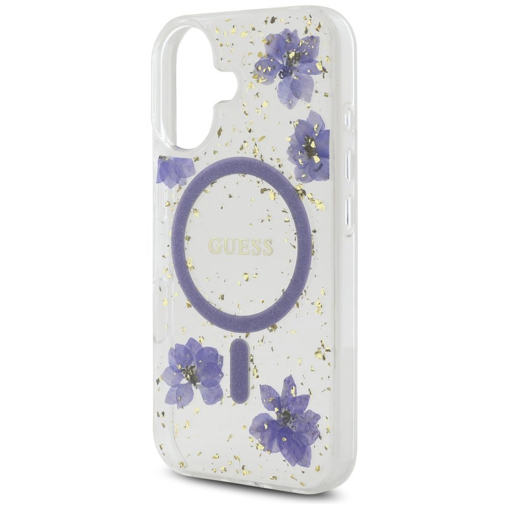 Guess HC MagSafe Resin Flowers and Glitter case for iPhone 16 Purple