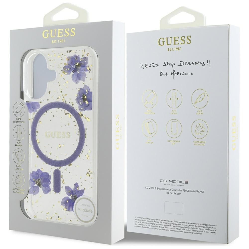 Guess HC MagSafe Resin Flowers and Glitter case for iPhone 16 Purple