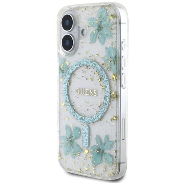 Guess HC MagSafe Resin Flowers and Glitter case for iPhone 16 Turquoise