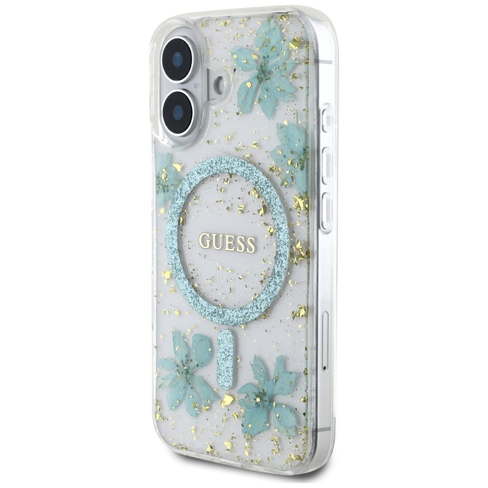 Guess HC MagSafe Resin Flowers and Glitter case for iPhone 16 Turquoise