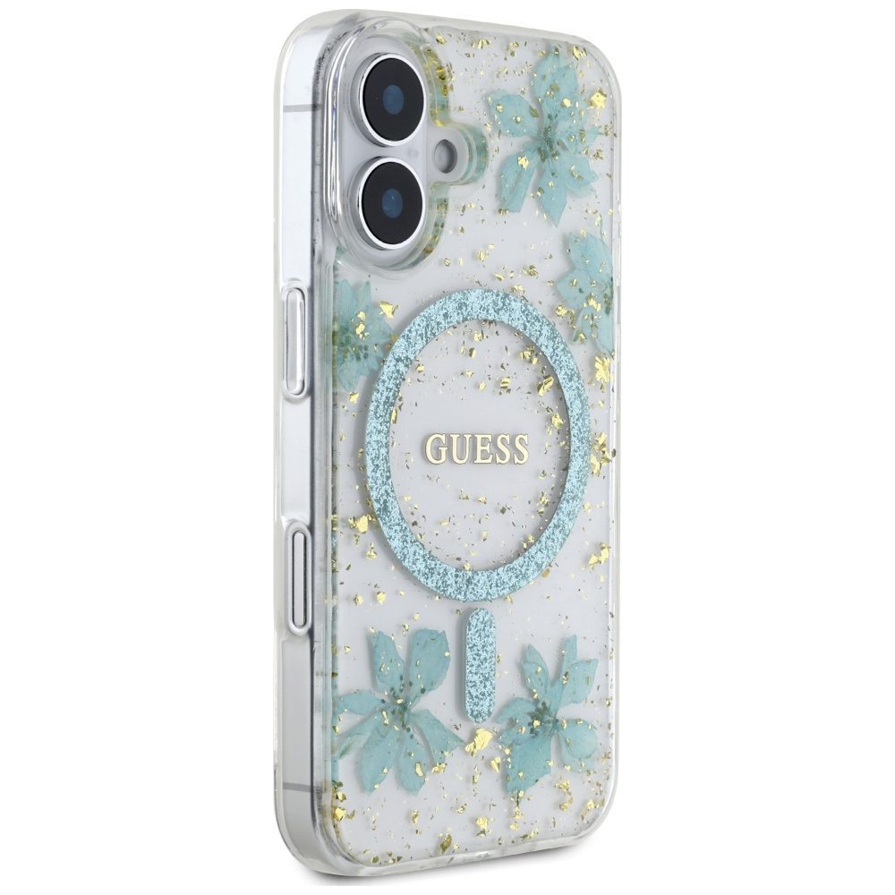Guess HC MagSafe Resin Flowers and Glitter case for iPhone 16 Turquoise