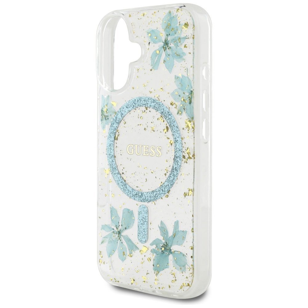 Guess HC MagSafe Resin Flowers and Glitter case for iPhone 16 Turquoise