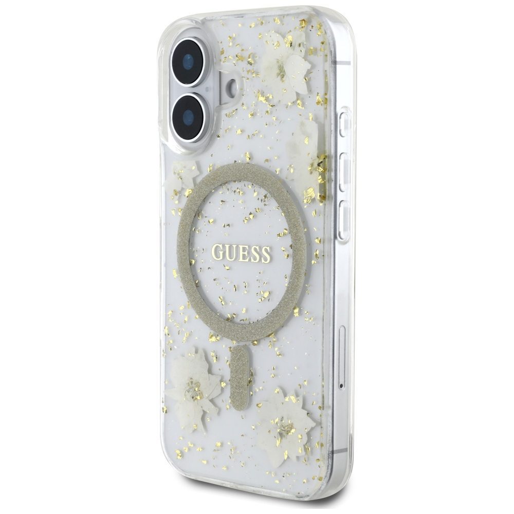 Guess HC MagSafe Resin Flowers and Glitter case for iPhone 16 Beige