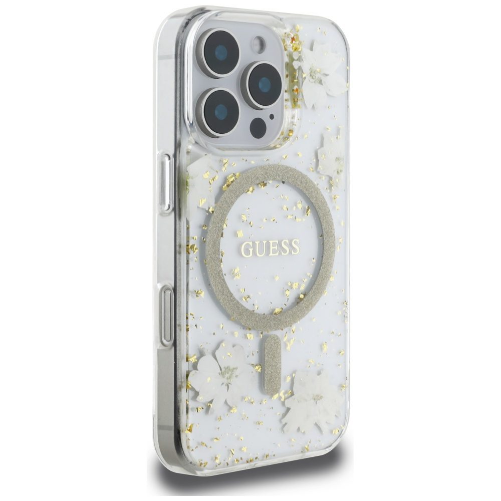Guess HC MagSafe Resin Flowers and Glitter case for iPhone 16 Pro Beige