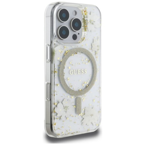 Guess HC MagSafe Resin Flowers and Glitter case for iPhone 16 Pro Max Beige