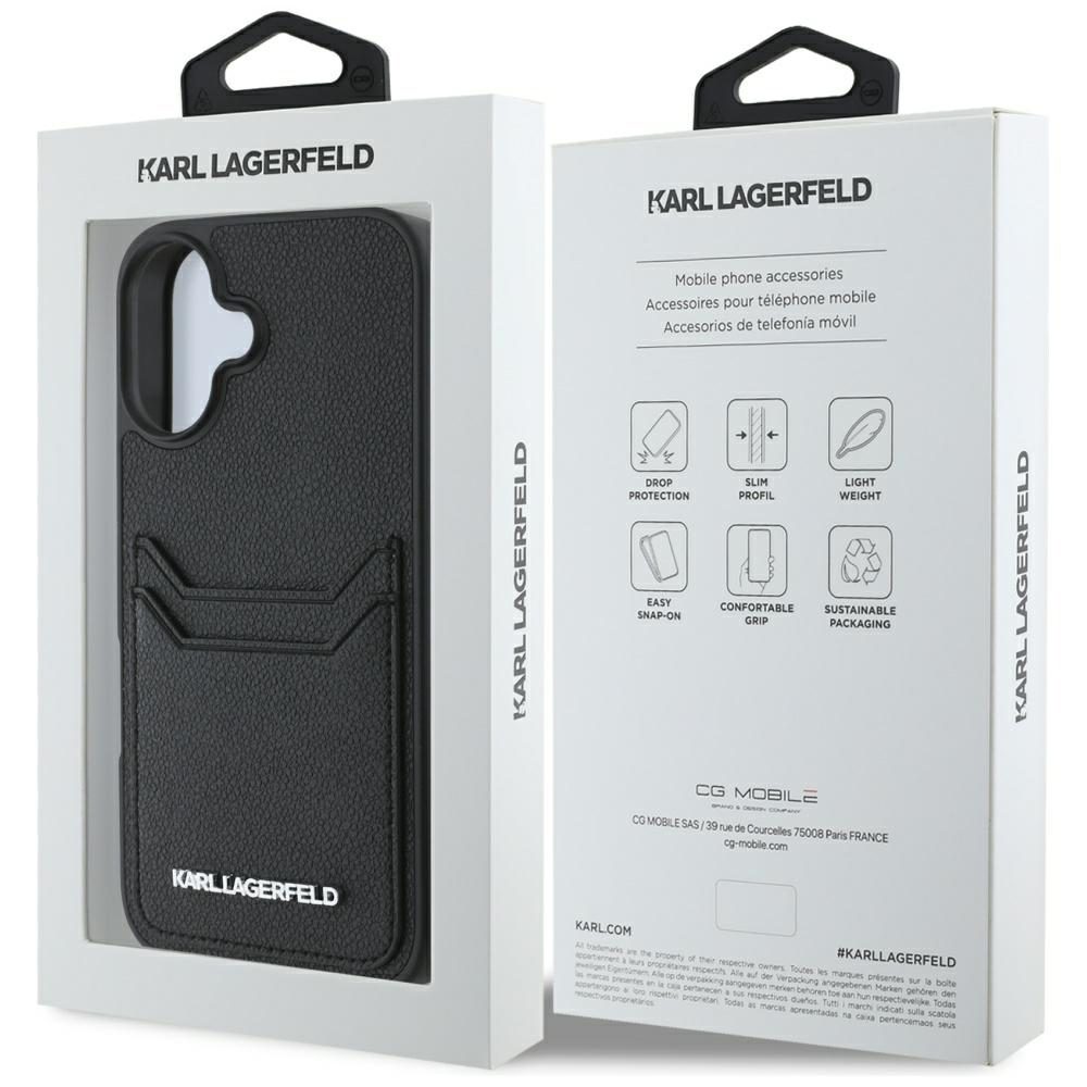 Karl Lagerfeld HC Grained PU CardSlot Metal Elong case for iPhone 16 Black