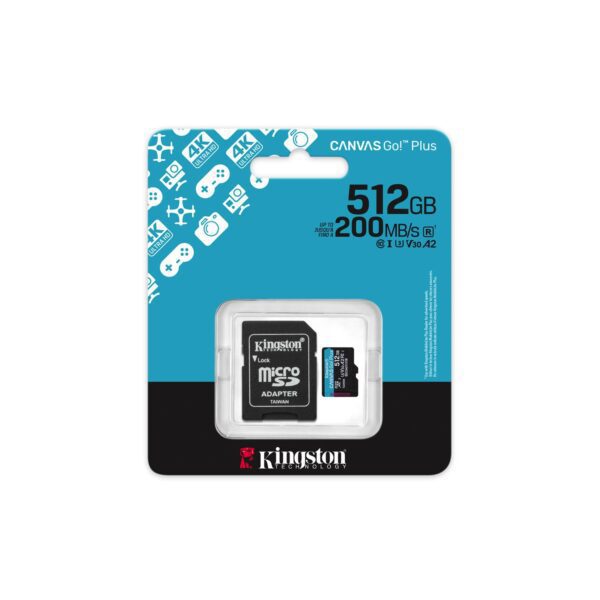 Kingston memory card 512GB microSDXC Canvas Go Plus Gen4 200MB/s A2 U3 V30 + adapter