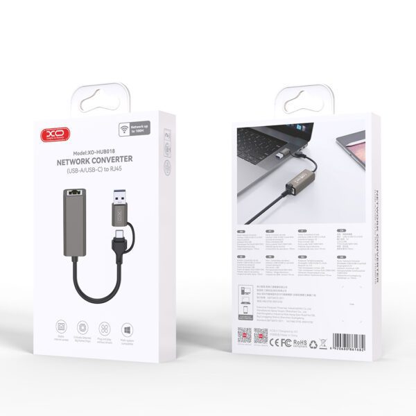 XO adapter HUB HUB018 2w1 USB-USB-C - RJ45 gray