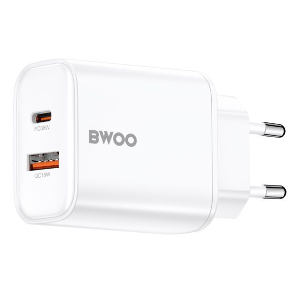 BWOO CDA207 PD wall charger 1x USB-A + USB-C port 36W white