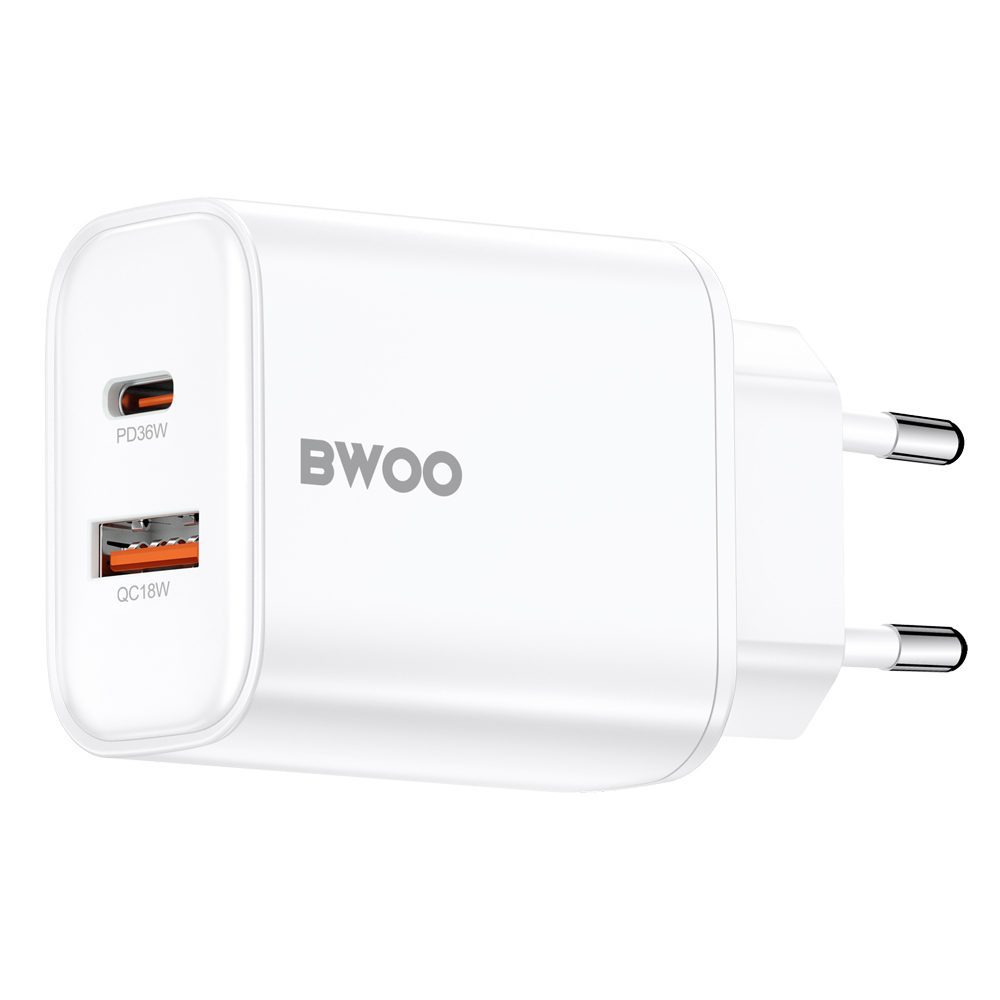 BWOO CDA207 PD wall charger 1x USB-A + USB-C port 36W white