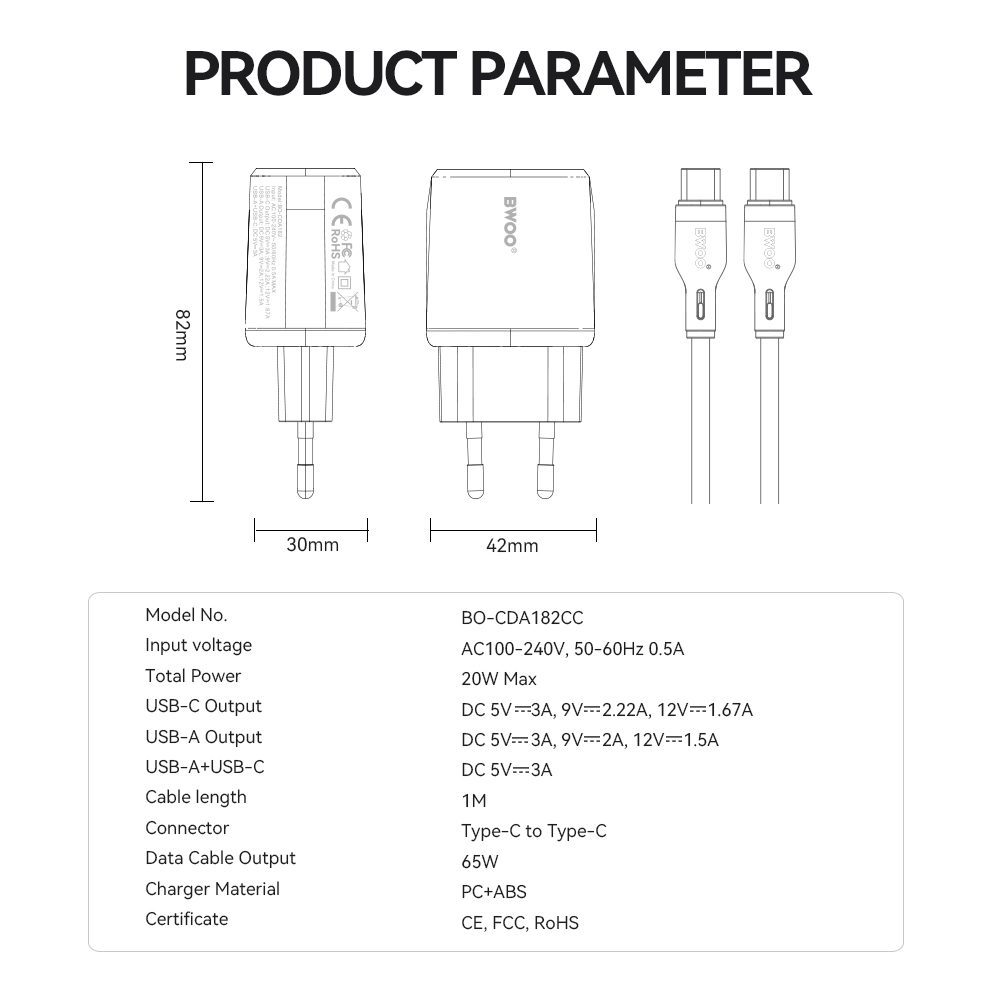 BWOO wall charger CDA182 QC 38W 1x USB-A + 1x USB-C with USB-C cable 1 m black