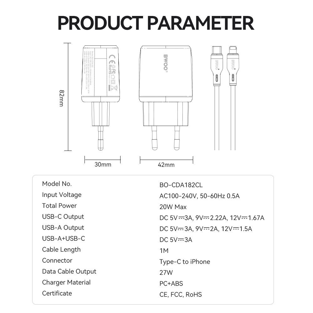 BWOO wall charger CDA182 QC 38W 1x USB-A + 1x USB-C with USB-C C-Lightning cable 1 m black