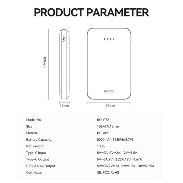 BWOO power bank P72 QC 22.5W PD 20W 5000 mAh with 2 x USB-A ports 1 x USB-C port black