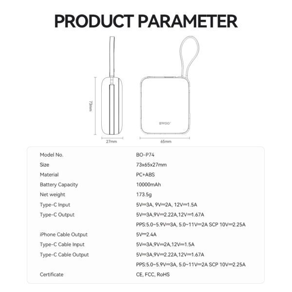 BWOO power bank P73 22.5W 10000 mAh with 2 built-in cables 1 x USB-C  1 x Lightning black