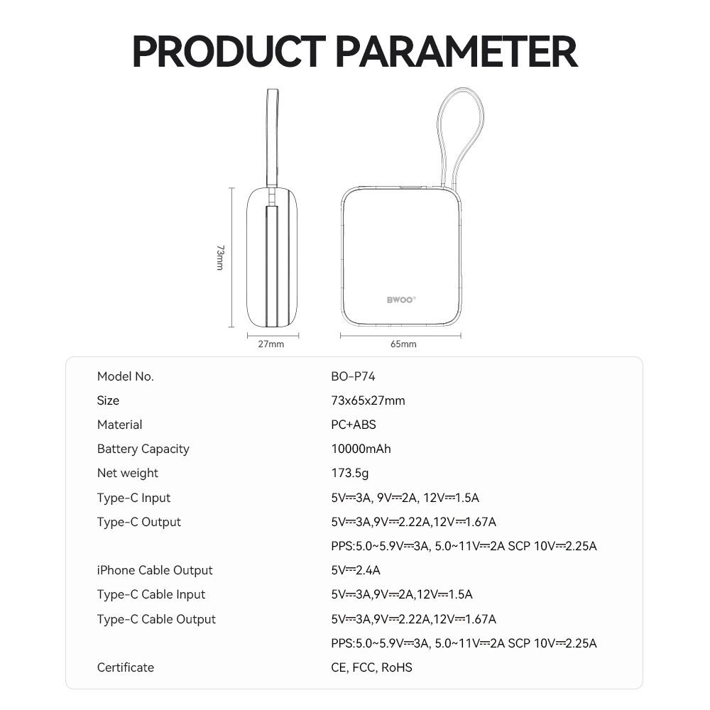 BWOO power bank P73 22.5W 10000 mAh with 2 built-in cables 1 x USB-C  1 x Lightning black