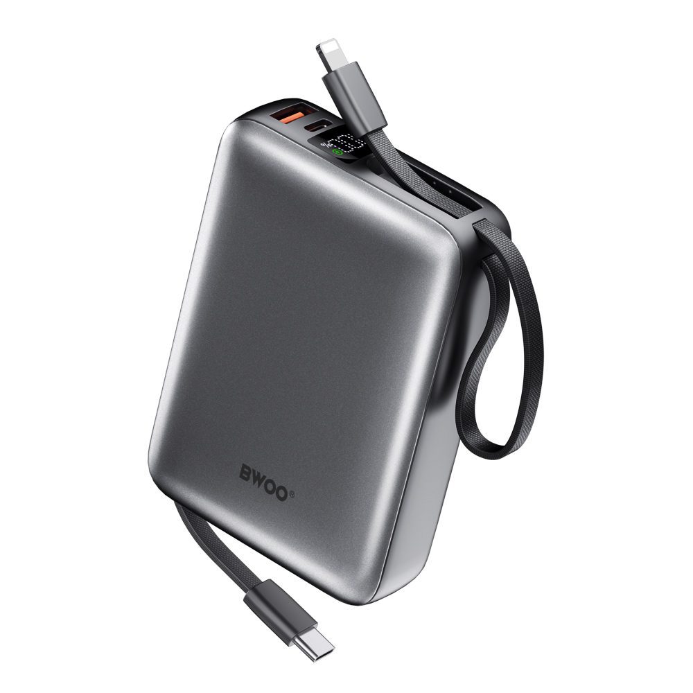 BWOO power bank P74 22.5W 20000 mAh with 2 built-in cables 1 x USB-C 1 x Lightning black