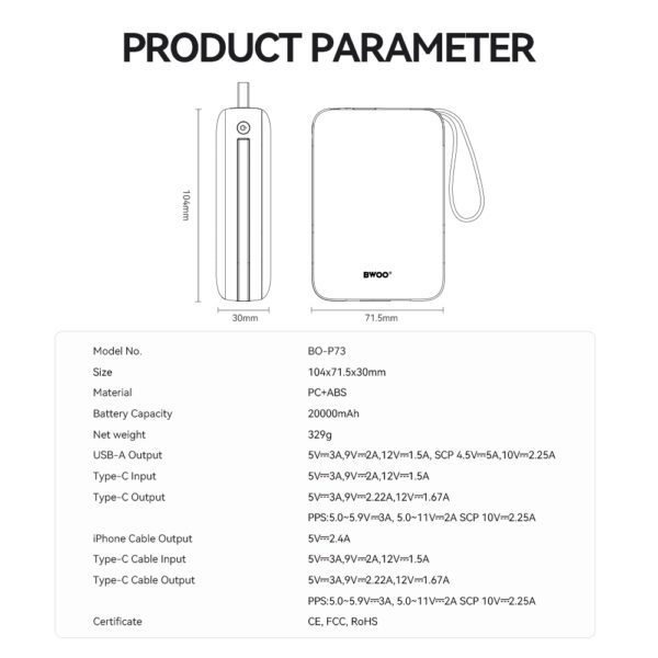 BWOO power bank P74 22.5W 20000 mAh with 2 built-in cables 1 x USB-C 1 x Lightning black