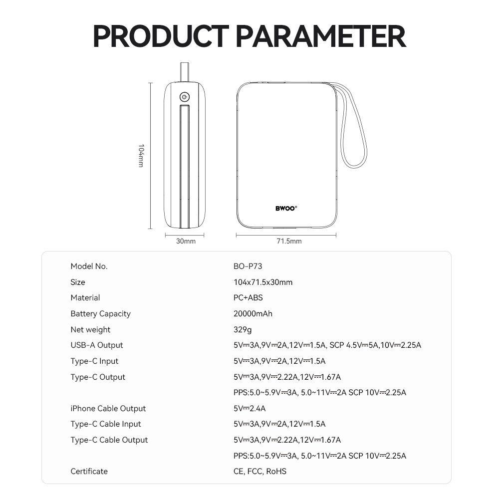 BWOO power bank P74 22.5W 20000 mAh with 2 built-in cables 1 x USB-C 1 x Lightning black