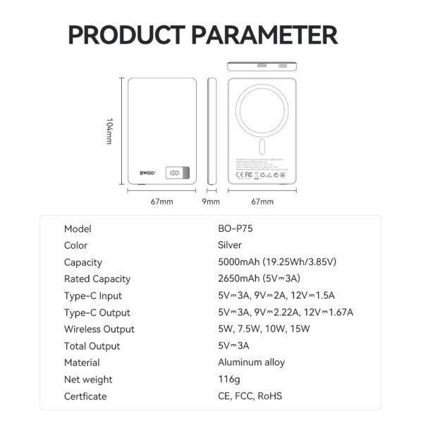 BWOO magnetic power bank P75 PD 20W 5000 mAh with digital display and USB-C port black