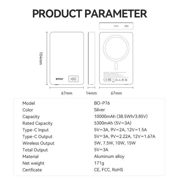 BWOO magnetic power bank P76 PD 20W 10000 mAh with digital display and USB-C port black