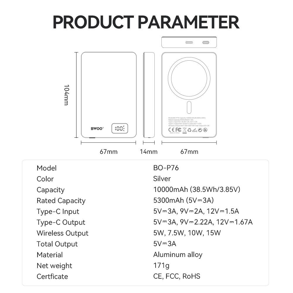 BWOO magnetic power bank P76 PD 20W 10000 mAh with digital display and USB-C port black