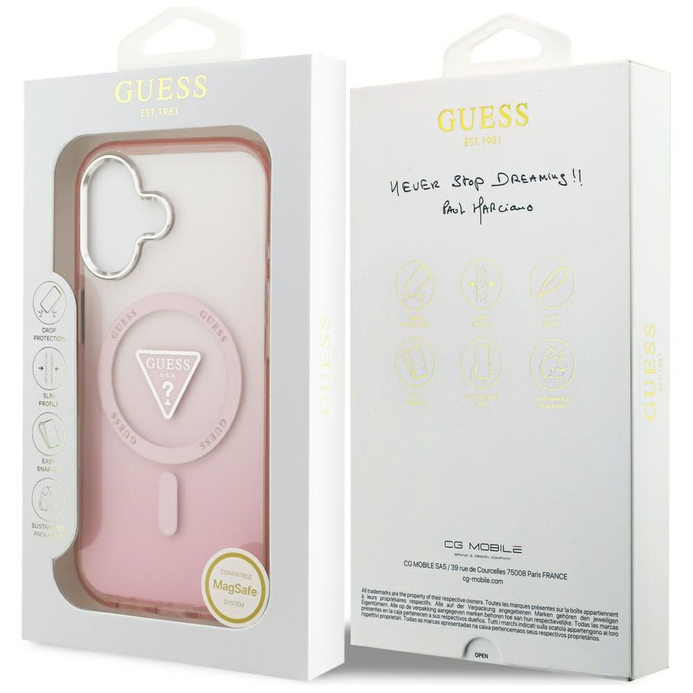 Guess Case Magsafe IML Gradient Case With Print Triangle Logo & Silver Metal Camera Buttons For iPhone 17 Pink