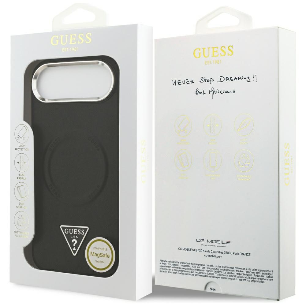 Guess Case Magsafe PU Leather Case With Triangle Logo Silver Metal Camera Frame For iPhone 17 Air Black