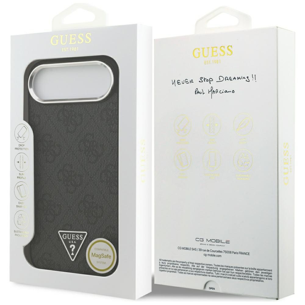 Guess Case Magsafe 4G PU Leather Case With Triangle Logo And Silver Metal Camera Frame For iPhone 17 Air Black