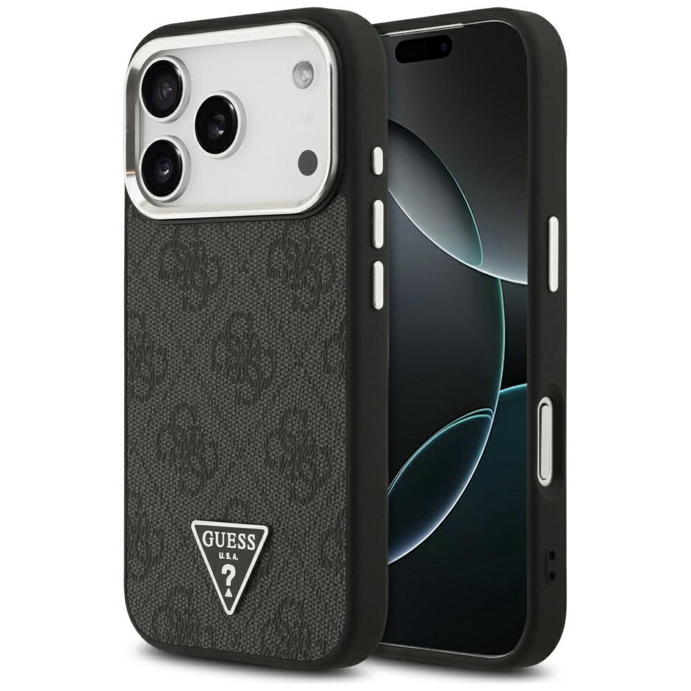 Guess Case Magsafe 4G PU Leather Case With Triangle Logo And Silver Metal Camera Frame For iPhone 17 Pro Black