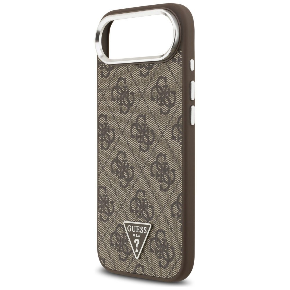 Guess Case Magsafe 4G PU Leather Case With Triangle Logo And Silver Metal Camera Frame For iPhone 17 Air Brown
