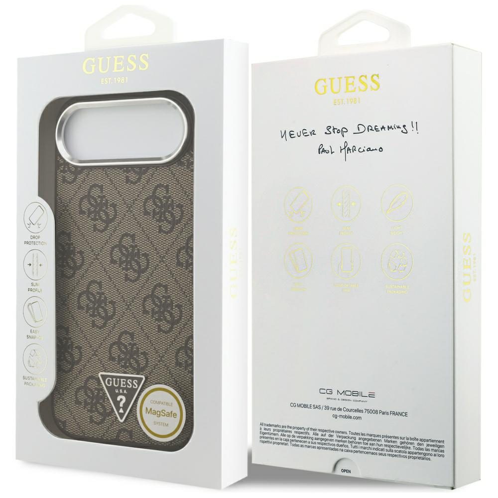 Guess Case Magsafe 4G PU Leather Case With Triangle Logo And Silver Metal Camera Frame For iPhone 17 Air Brown