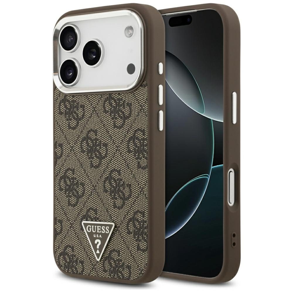 Guess Case Magsafe 4G PU Leather Case With Triangle Logo And Silver Metal Camera Frame For iPhone 17 Pro Brown