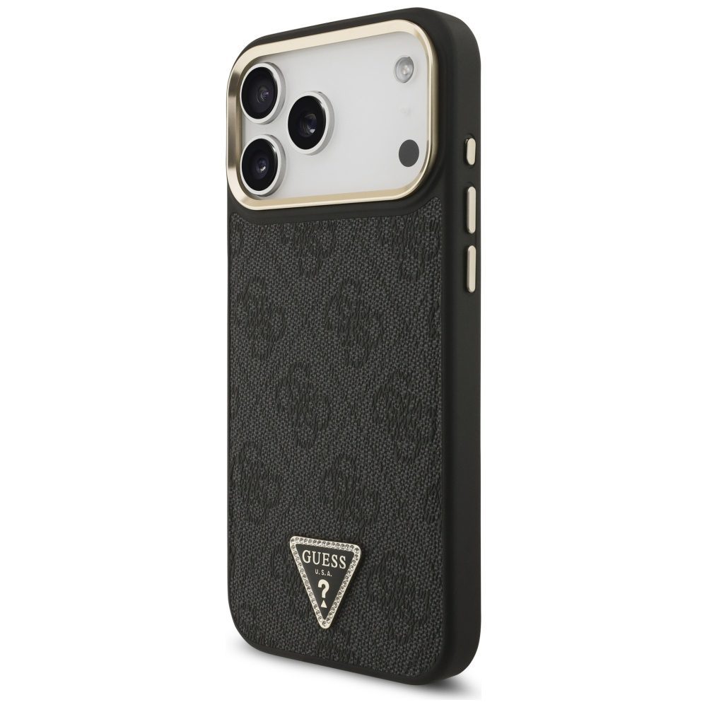 Guess Case Magsafe 4G PU Leather Case With Triangle Logo And Gold Metal Camera Frame For iPhone 17 Pro Max Brown