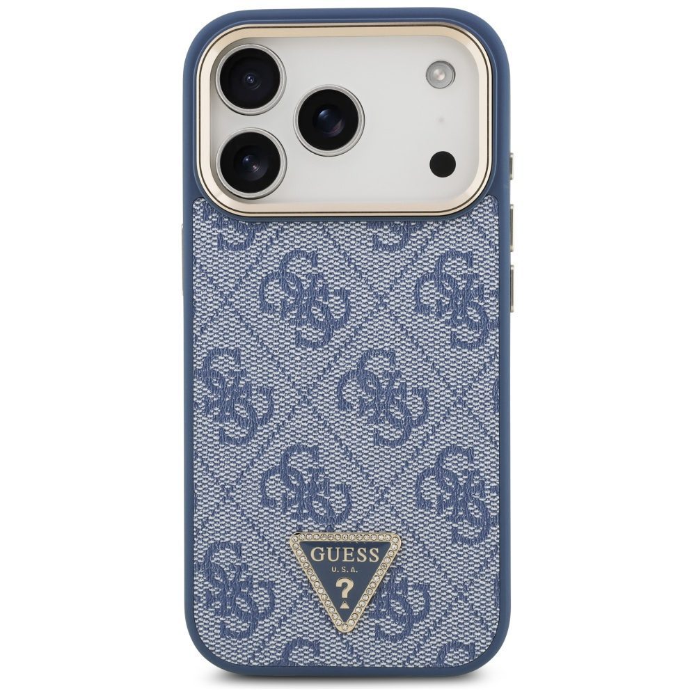 Guess Case Magsafe 4G PU Leather Case With Triangle Logo And Gold Metal Camera Frame For iPhone 17 Pro Blue