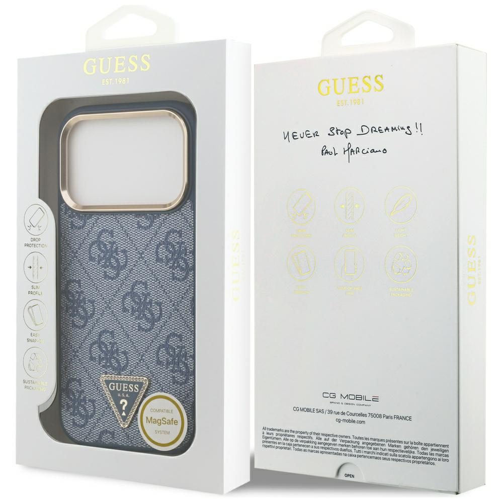 Guess Case Magsafe 4G PU Leather Case With Triangle Logo And Gold Metal Camera Frame For iPhone 17 Pro Blue