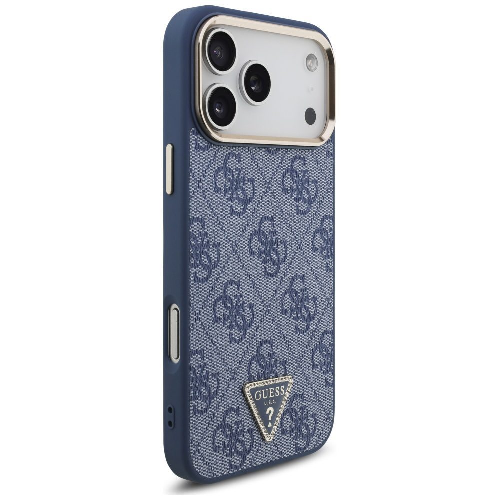 Guess Case Magsafe 4G PU Leather Case With Triangle Logo And Gold Metal Camera Frame For iPhone 17 Pro Max Blue