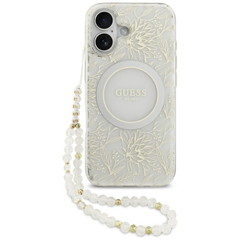 Guess Case Magsafe IML Case Flowers Electroplated Allover With Beads Strap For iPhone 17 White