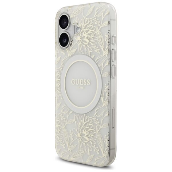 Guess Case Magsafe IML Case Flowers Electroplated Allover With Beads Strap For iPhone 17 White